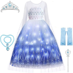 Costum fete Elsa, rochie cu lumini, bratara, colier, manusi, bagheta, coronita