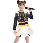 Costum Copii Huntrix Demon Hunters Zoey Tinuta de Scena, Golden, cu jacheta imprimata