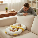 Cosulet Multifunctional, Inteligent, pentru bebelusi, cu Manuta Interactiva pentru linistirea copilului, Telecomanda, Pernute Confort, Centura de siguranta, Iepuras alb cu roz - imagine 12