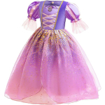 Costum fete Rapunzel, mov cu auriu, rochie, manusi si codita impletita cu flori - imagine 5