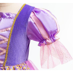 Costum fete Rapunzel, mov cu auriu, rochie, manusi si codita impletita cu flori - imagine 6
