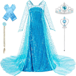 Costum fete Elsa Frozen, rochie si pelerina cu paiete, manusi, bagheta, coronita, codita impletita