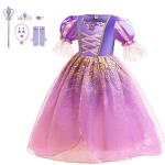 Costum fete Rapunzel, mov cu auriu, rochie, manusi, bagheta, coronita, colier, cercei, inel, bratara - imagine 3