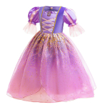 Costum fete Rapunzel, mov cu auriu, rochie, manusi si codita impletita cu flori - imagine 3