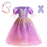 Costum fete Rapunzel, mov cu auriu, rochie, manusi si codita impletita cu flori