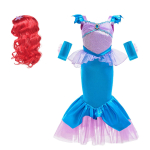 Costum carnaval Sirena Ariel, rochie albastra, manusi si peruca