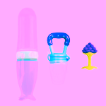 Set hranire copii Lingurita din silicon cu rezervor pentru diversificare albastra, Suzeta pentru fructe si legume albastra, jucarie dentitie strugure, silicon