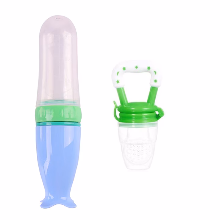 468 Set hranire copii Lingurita din silicon cu rezervor pentru diversificare albastra si Suzeta pentru fructe si legume, verde - imagine 1
