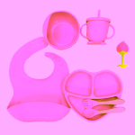 Set hranire bebelusi cu farfurie inima, cu jucarie dentitie portocala, silicon, BPA free, antialergenic, cu ventuze, roz