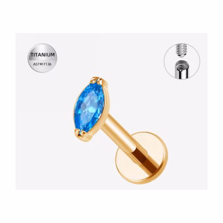 005 Piercing Labret Titan ASTM F136 Auriu, cu Piatra Marquise Albastru - imagine 1