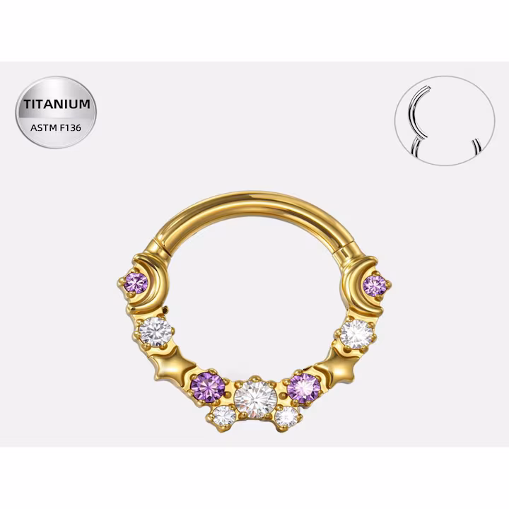 009 Piercing Inel Septum/Daith, Titan ASTM F136 Auriu, cu Pietre Mov & Clear – 1.2 × 8 mm - imagine 1