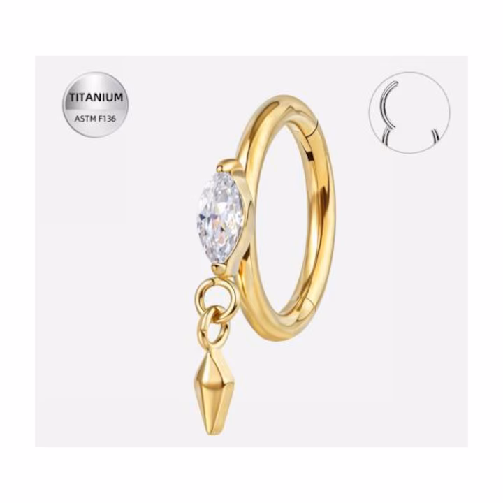 011 Piercing Inel Hinged Titan ASTM F136 Auriu cu Piatra Marquise Clear & Charm Geometric – 1.2 × 8 mm - imagine 1