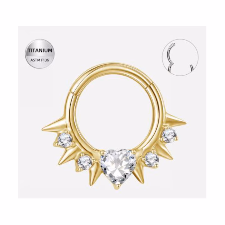 018 Piercing Inel Hinged Titan ASTM F136 Auriu–cu Inima si Pietre Clear – 1.2 × 8 mm - imagine 1