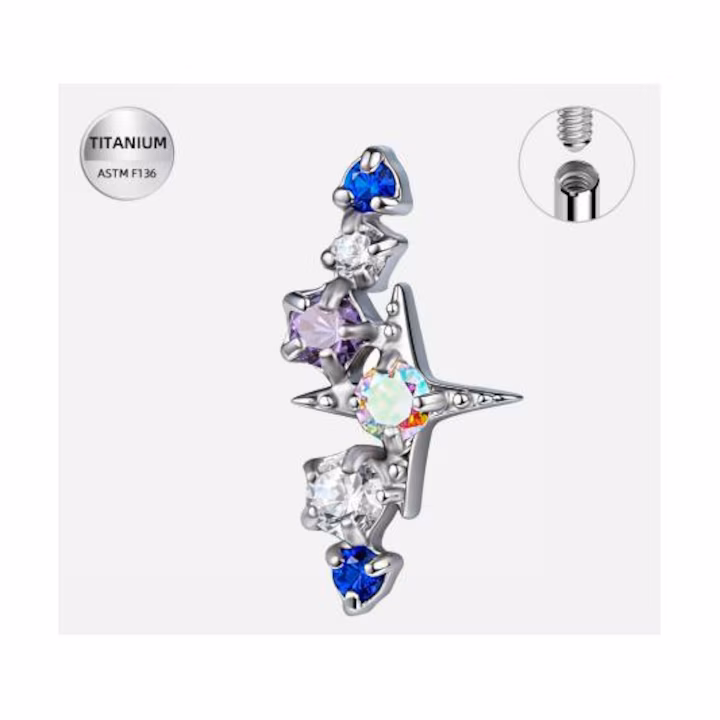 034 Piercing labret argintiu din titan cu stele si cristale colorate– 1.2 × 8 mm - imagine 1