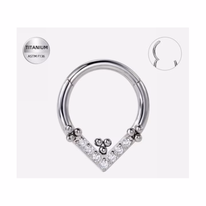 037 Piercing inel argintiu din titan cu cristale in V– 1.2 × 8 mm - imagine 1
