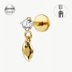 Piercing Labret din titan ASTM F136, pentru Helix/Tragus/Conch cu zirconiu si pandantiv picatura, cu infiletare interioara, auriu