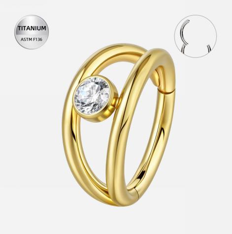 15 Piercing ureche titan ASTM F136 placat auriu, inel cu zirconiu strălucitor - imagine 1