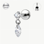 Piercing Labret din titan ASTM F136, pentru Helix/Tragus/Conch cu zirconiu si pandantiv picatura, cu infiletare interioara, argintiu