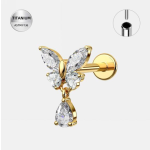 Piercing ureche din  Titan ASTM F136 ,auriu cu cristale zirconia – model fluture cu pandantiv