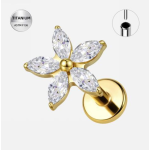 Piercing ureche din titan ASTM F136 placat auriu cu cristale zirconia – model floare