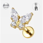 Piercing ureche din titan ASTM F136 placat auriu cu cristale zirconia – model fluture