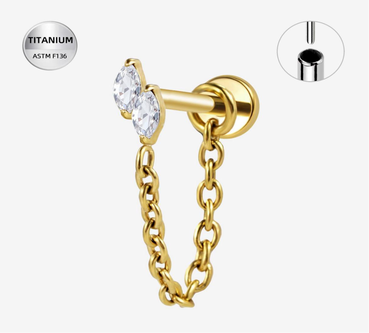25 Piercing labret din Titan ASTM F136 auriu cu lanț dublu și cristale - imagine 1
