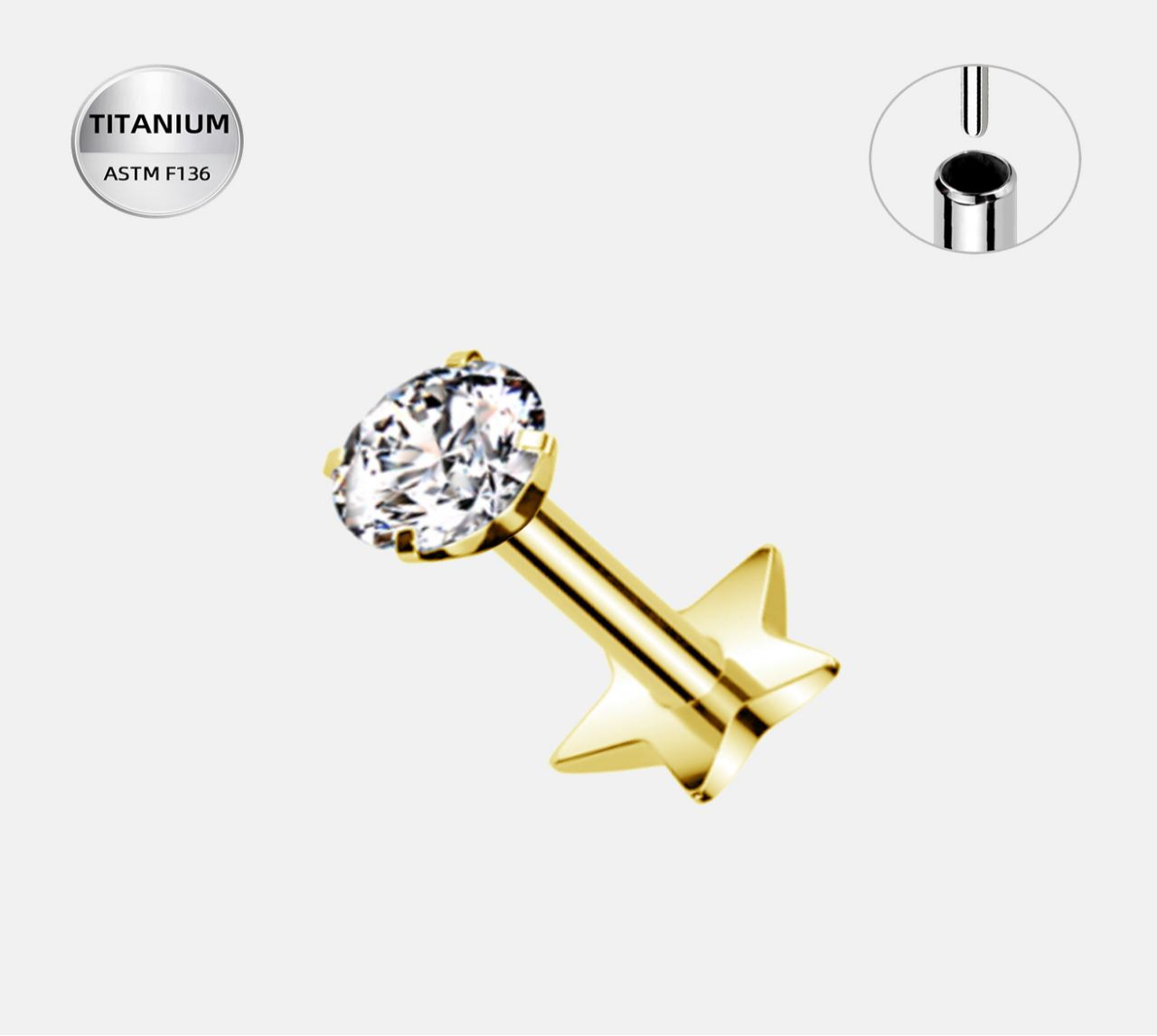 29 Piercing labret din Titan ASTM F136 placat auriu, cu zirconiu strălucitor și bază stea - imagine 1