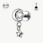 Piercing Labret din titan ASTM F136, pentru Helix/Tragus/Conch cu zirconiu Moonlight Charm, argintiu, cu filetare interna