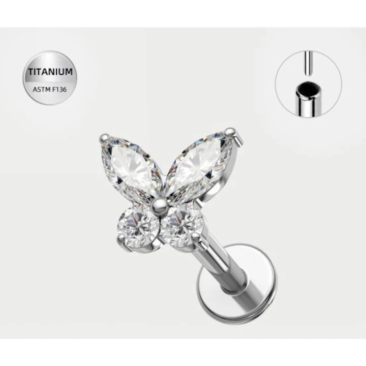310 Piercing labret argintiu din titan cu fluture din cristale– 1.2 × 8 mm - imagine 1