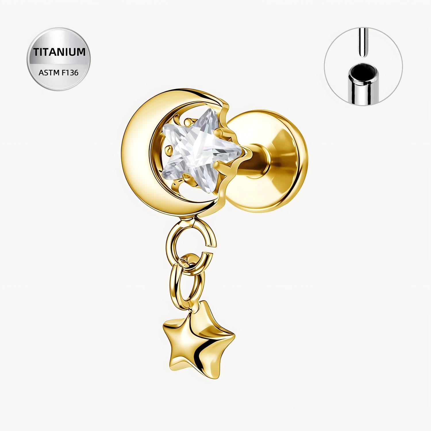 4 Piercing Labret din titan ASTM F136, pentru Helix/Tragus/Conch cu semiluna si stea, auriu - imagine 1