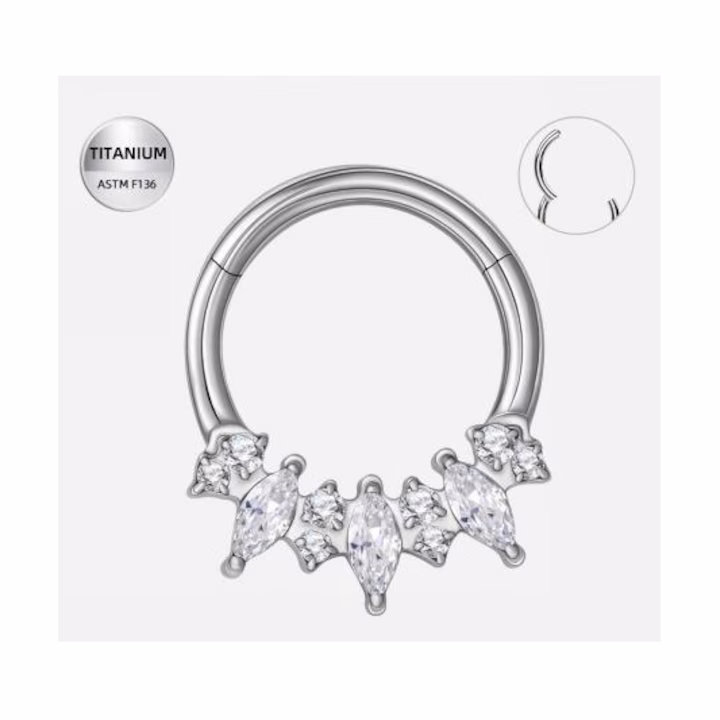 403 Piercing inel argintiu din titan cu cristale marquise si rotunde – 1.2 × 8 mm - imagine 1