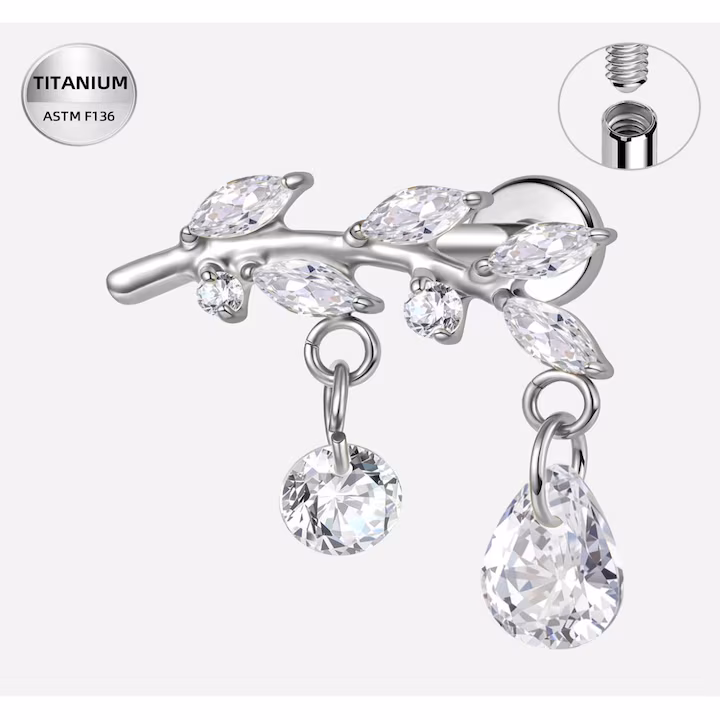 410 Piercing Labret din Titan ASTM F136 Argintiu cu Cristale Marquise si Pandantive Elegante, Design Luxurious- 1.2x6 mm - imagine 1