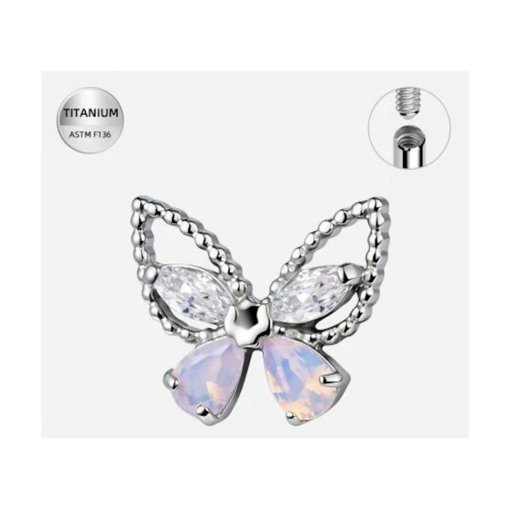 522 Top piercing argintiu din titan, fluture cu cristale marquise și opal, 1.2 mm - imagine 1