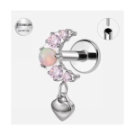 Piercing labret argintiu din titan cu semiluna, cristale roz si opal-1.2x6 mm