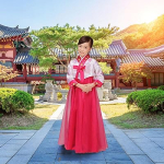Costum fete traditional Coreean Hanbok, roz, cu floare - imagine 4