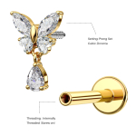 Piercing ureche din  Titan ASTM F136 ,auriu cu cristale zirconia – model fluture cu pandantiv - imagine 5