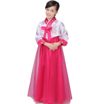 Costum fete traditional Coreean Hanbok, roz, cu floare - imagine 3