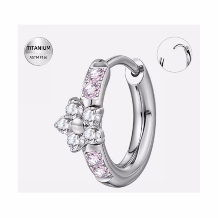 553 Inele piercing din Titan placat argintiu cu cristale zirconia si inima roz, 1.2mm x 8mm - imagine 1
