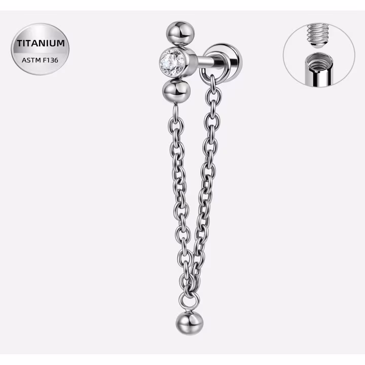 563 Piercing din titan cu bara dreapta, cristal si lant decorativ-1.2x6 mm - imagine 1