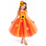 Costum Fete Zana Toamnei – Rochie Portocalie cu Floarea-Soarelui si Bentita