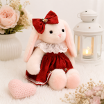 Iepuras de Plus Elegant cu Rochita Rosie si Fundita – Jucarie Moale pentru Copii, 50 cm - imagine 4