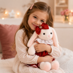 Iepuras de Plus Elegant cu Rochita Rosie si Fundita – Jucarie Moale pentru Copii, 50 cm - imagine 3