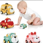 Set 4 Masinute Moi din Silicon pentru Bebelusi, Jucarii Montessori si Dezvoltare Motorie, Vehicule Interactive cu Animalute, Jucarii Senzoriale si Educative