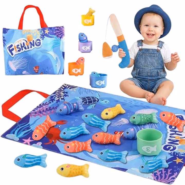 PL65 Joc de Pescuit Montessori pentru Copii – Set Complet cu 15 Pesti, 5 Cupe Colorate, Undita si Geanta de Depozitare - imagine 1