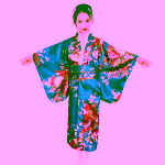 Costum Japonez Gheisa albastru cu rosu pentru Fete – Kimono Albastru cu Imprimeu Floral si Centura Obi