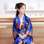 Costum Japonez Gheisa albastru cu rosu pentru Fete – Kimono Albastru cu Imprimeu Floral si Centura Obi - imagine 3