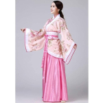 Costum Traditional Chinezesc Hanfu pentru Femei – Bluza Kimono cu Flori si Fusta Lunga Roz, marime universala - imagine 2