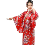 Costum Japonez Gheisa rosu cu flori pentru Fete – Kimono rosu cu Imprimeu Floral si Centura Obi - imagine 6