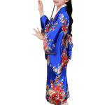 Costum Japonez Gheisa albastru cu rosu pentru Fete – Kimono Albastru cu Imprimeu Floral si Centura Obi - imagine 5
