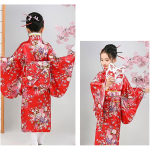 Costum Japonez Gheisa rosu cu flori pentru Fete – Kimono rosu cu Imprimeu Floral si Centura Obi - imagine 5